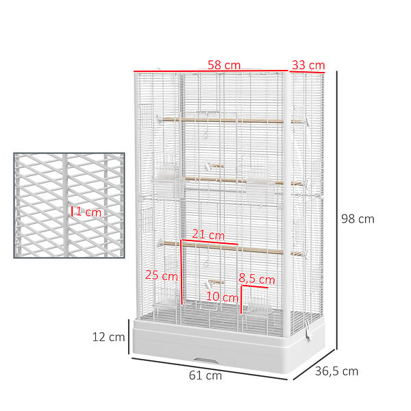 PAWHUT - Cage à oiseaux volière avec portes perchoirs - 61 x 36,5 x 98 cm - blanc - large