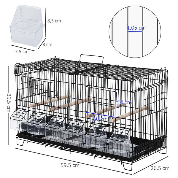 PAWHUT - PawHut Cage à oiseaux dim. 59,5L x 29,8I x 35,3H cm mangeoires perchoirs 4 portes plateau excrément amovible + poignée transport métal PP noir - large