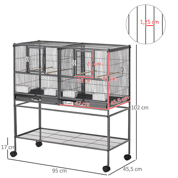 PAWHUT - Cage à oiseaux avec séparation mangeoire et perchoir 95L x 45l x 102H cm Noir et Gris - large