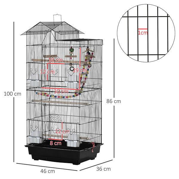 PAWHUT - Cage à oiseaux volière 46 x 36 x 100 cm - 2 portes, 9 trappes, plateau déjection, nombreux accessoires - noir - large