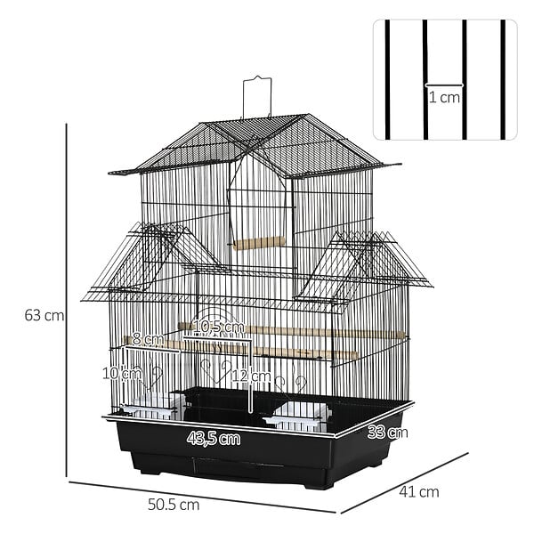 PAWHUT - Cage à oiseaux design maison perchoirs mangeoires balançoire 3 portes plateau excrément amovible + poignée transport métal noir - large
