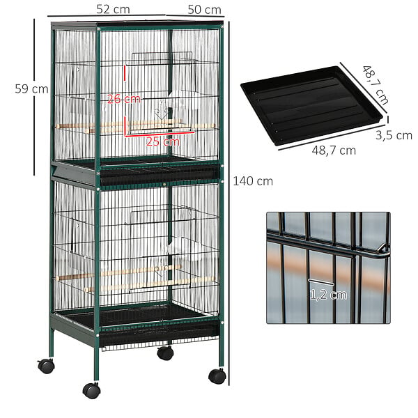 PAWHUT - Grande cage à oiseaux sur pied à roulettes - volière double, mangeoires, perchoirs, plateau amovible - vert noir - large