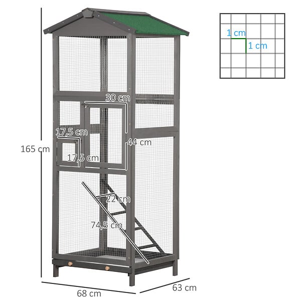 PAWHUT - Cage à oiseaux volière grande taille 2 portes toit asphalte tiroir amovible bois gris - large