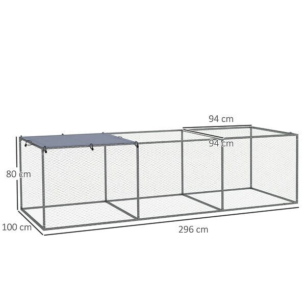 PAWHUT - Cage parc enclos poulailler dim. 2,96L x 1l x 0,8H m - espace couvert - ouverture toit verrouillable - acier gris vert - large
