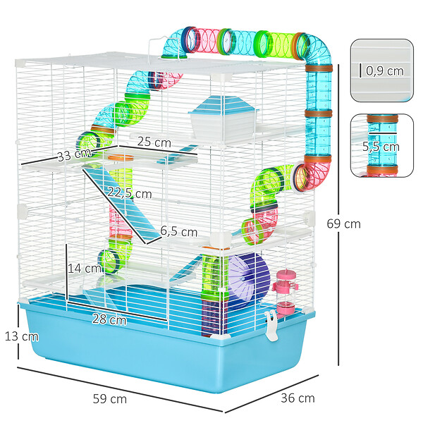 PAWHUT - Grande cage à hamsters 5 niveaux - tunnels, abreuvoir, roue, maisonnette, échelles - dim. 59L x 36l x 69H cm - métal PP bleu blanc - large