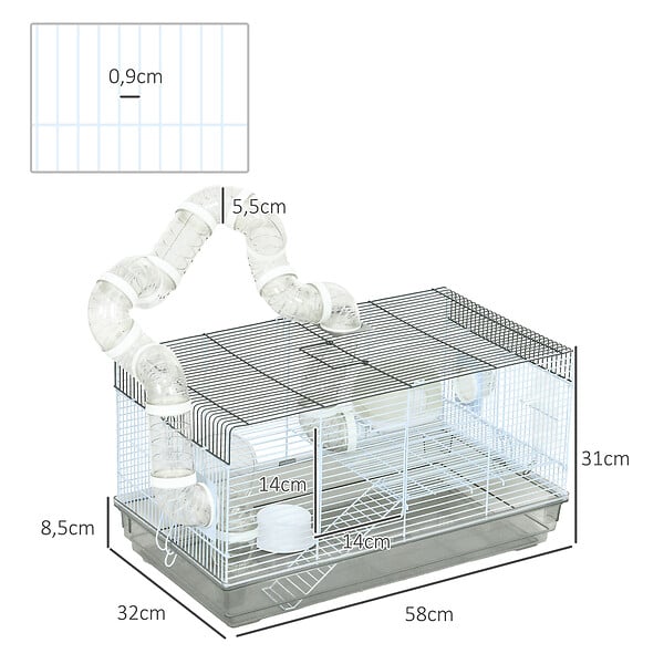 PAWHUT - Cage rongeur hamster - tunnel, poignée, accessoires - plastique acier gris blanc - large