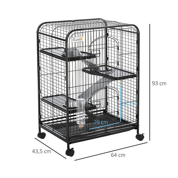 PAWHUT - PawHut Cage pour Petits Animaux Roulante 3 Rampes 3 Plates-formes Plat et Bouteille d'Eau Bac Inférieur Amovible Acier PP Noire - large