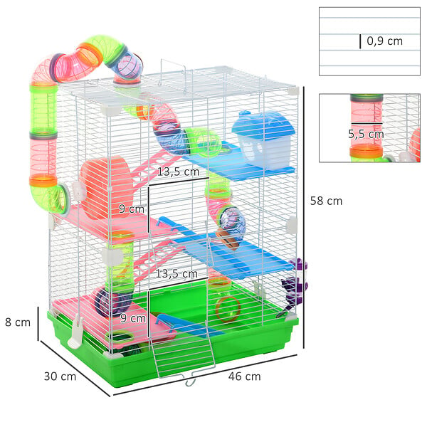 PAWHUT - Cage pour hamster souris rongeur 4 étages avec tunnels mangeoire roue maison échelles dim. 46L x 30l x 58H cm vert - large