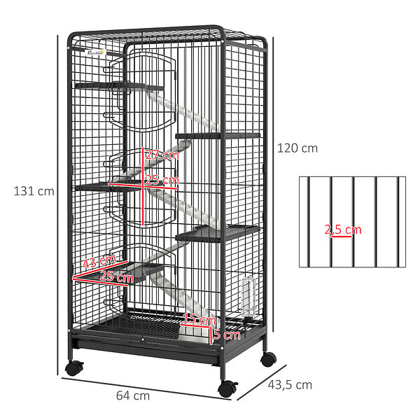 PAWHUT - Cage pour petits animaux roulante 5 rampes 5 plateformes gamelle distributeur eau plateau amovible métal PP noir - large