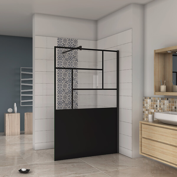 AICA SANITAIRE - Paroi de douche design moderne en cadre noir mat installation facille 90x200cm avce barre de fixation carré en 90cm - large