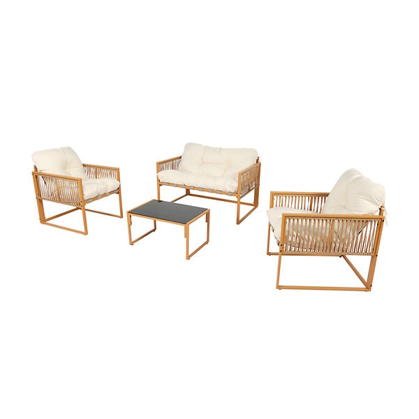 CONCEPT USINE - Salon de jardin 4 places effet rotin coussins blancs TURINI - large