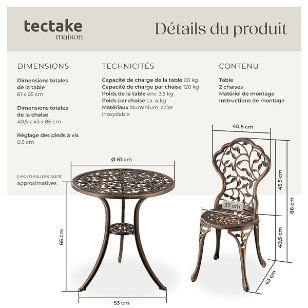 TECTAKE - Ensemble de bistrot Lyon pour 2 personnes, en aluminium résistant aux intempéries noir/gris - large