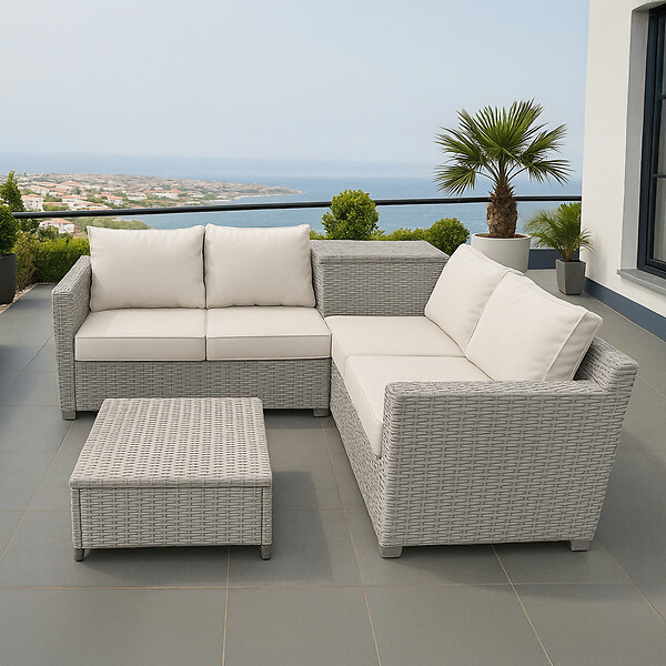 CONCEPT USINE - Salon de jardin d'angle 4 places en résine tressée avec coffre de rangement gris et beige ABACOS $ - large