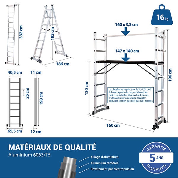 HOSTRÃ–M - HOSTRÖM Echafaudage roulant SCAFFOLDAX2X7, échafaudage jardin et pliant multifonction 4 en 1, echelle 2 plans, H max Travail 4,74m, Garantie 5 ans - large