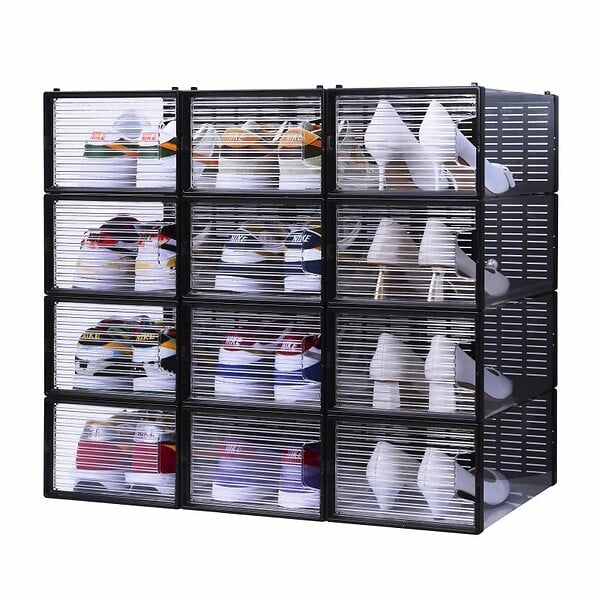 SECURY-T - Rangement à chaussure - Boite à chaussures - Noires et transparentes crystal - Lot de 12 - large