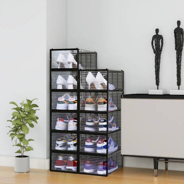 SECURY-T - Rangement à chaussure - Boite à chaussures - Noires et transparentes crystal - Lot de 12 - large