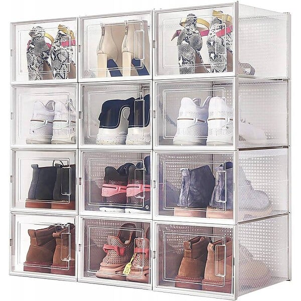 SECURY-T - Rangement chaussures - Boites à chaussures - Grand format - Blanc et transparent - Lot de 12 - large