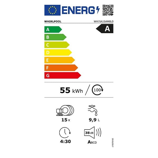 WHIRLPOOL - lave-vaisselle 60cm 15 couverts 38db tout intégrable - WH7IA15AM6L0 - large
