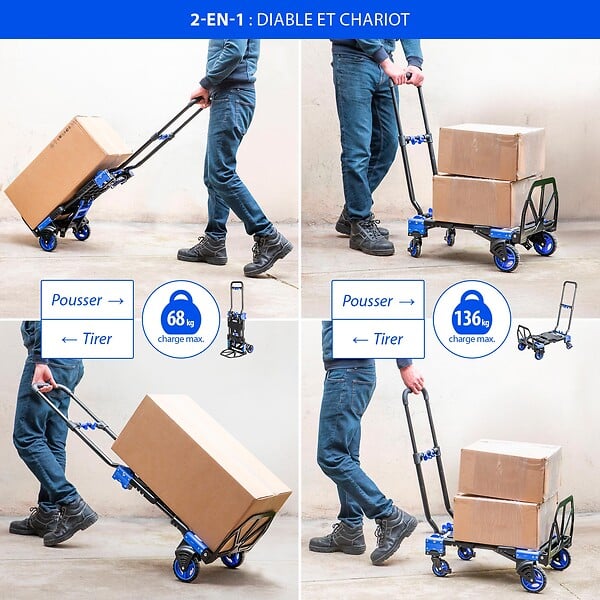HOSTRÃ–M - HOSTRÖM 2-en-1, Chariot à roulettes et Diable Pliant, Chariot Pliable Max 136kg, Diable Demenagement Max 68kg, Roues pivotantes 360°, Garantie 5 Ans. - large