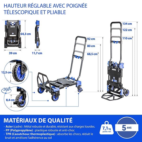 HOSTRÃ–M - HOSTRÖM 2-en-1, Chariot à roulettes et Diable Pliant, Chariot Pliable Max 136kg, Diable Demenagement Max 68kg, Roues pivotantes 360°, Garantie 5 Ans. - large