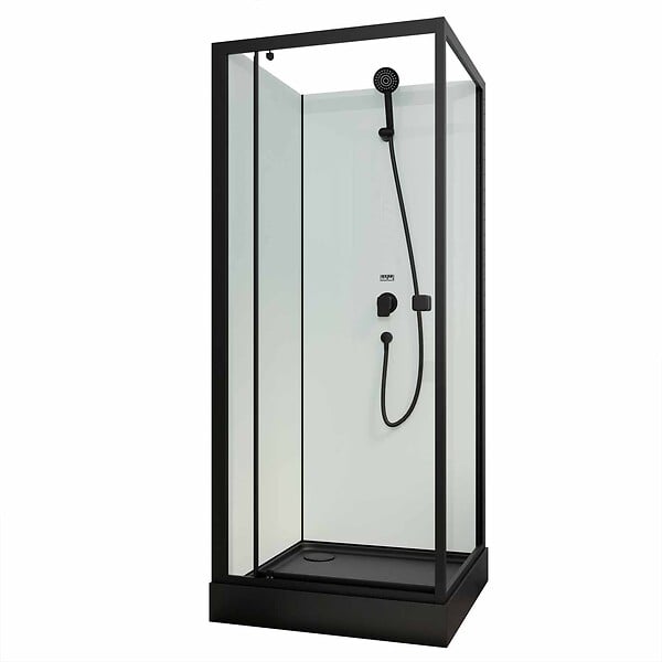 AURLANE - Cabine de douche carrée 80x80x200cm - Porte pivotante - Fonds Blancs - Receveur et Profilés Noirs - large