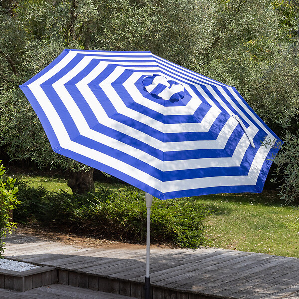 HAPPY GARDEN - Parasol droit BANDOL rond 2,70m de diamètre à rayures bleues - large
