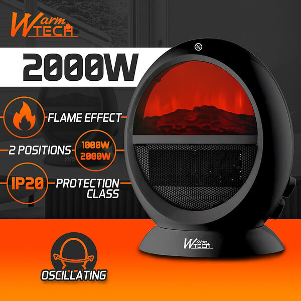 WARMTECH - Chauffage soufflant oscillant 2000W - ambiance feu de bois. - large