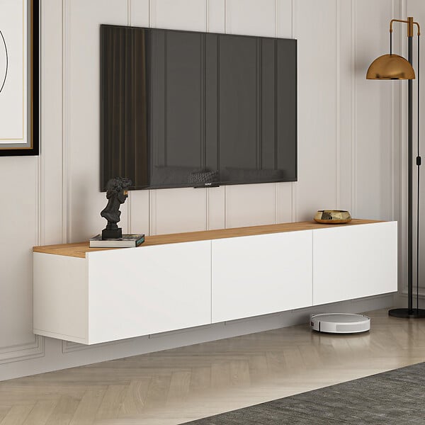 CONCEPT USINE - Meuble TV suspendu avec placards 150cm blanc et bois HAL - large