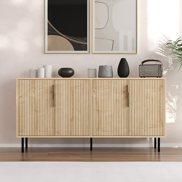 CONCEPT USINE - Buffet cannelé 4 portes aspect bois 150x75cm CIARO - large
