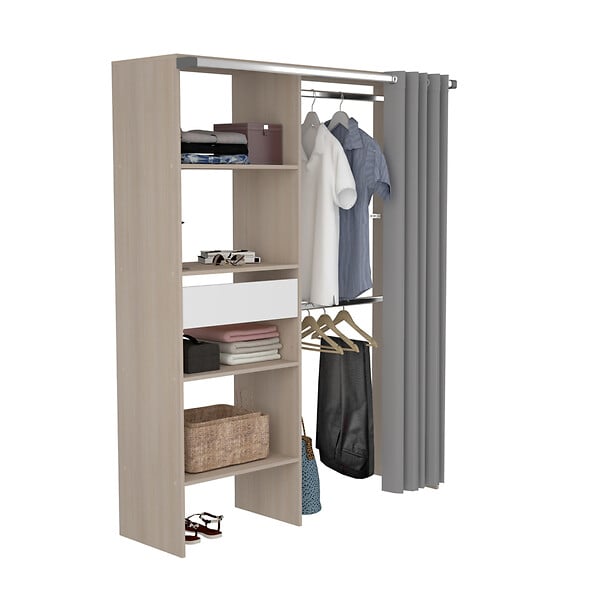 CONCEPT USINE - Dressing avec rideau 4 étagères 2 penderies et un tiroir bois et blanc BALI - large