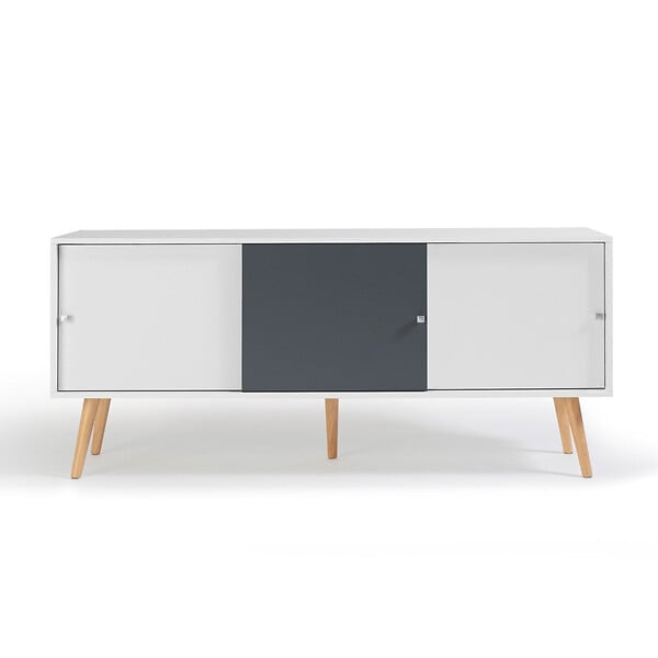 ID MARKET - Buffet bas scandinave 135 cm EFFIE 3 portes bois blanc et gris - large