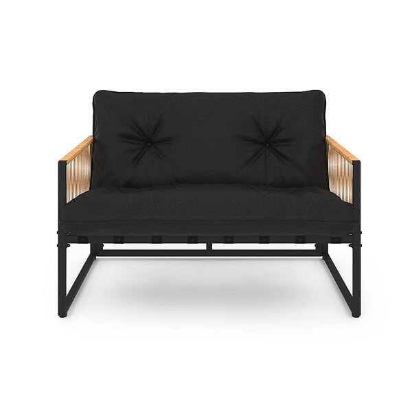 ID MARKET - Salon de jardin bas RIO 4 places structure métal noir, cordage effet rotin clair et coussins noirs - large