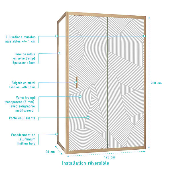 AURLANE - Porte de Douche Coulissante avec Retour 120x90x200cm Style Japandi Arrondi - Cadre Effet Bois - large