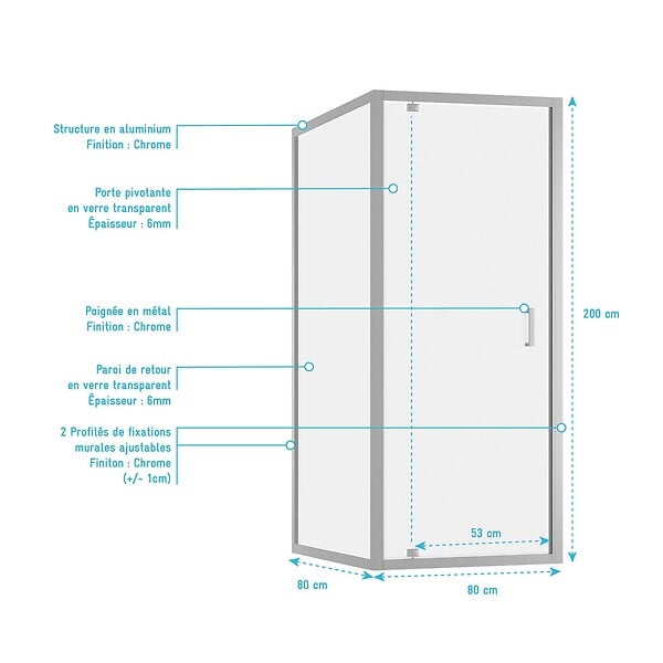 AURLANE - Porte de Douche Pivotante et Retour 80x80x200cm - Profilés Chrome - Verre trempé 6mm - large