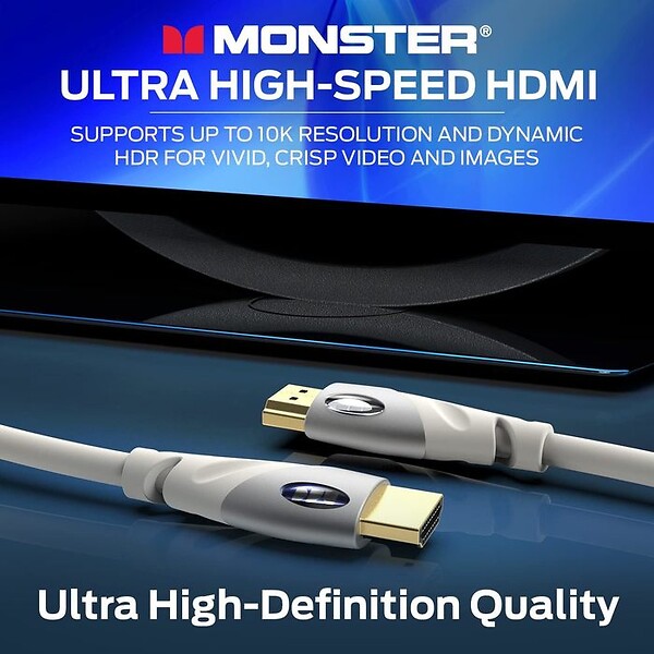 MONSTER - Câble HDMI Monster - Résolution 4K - Vidéo HDR - 18 GBPS - Vitesse Éclair - Connecteurs V-Grip - Triple Blindage - 1,82 Mètres - Garanti à Vie - large