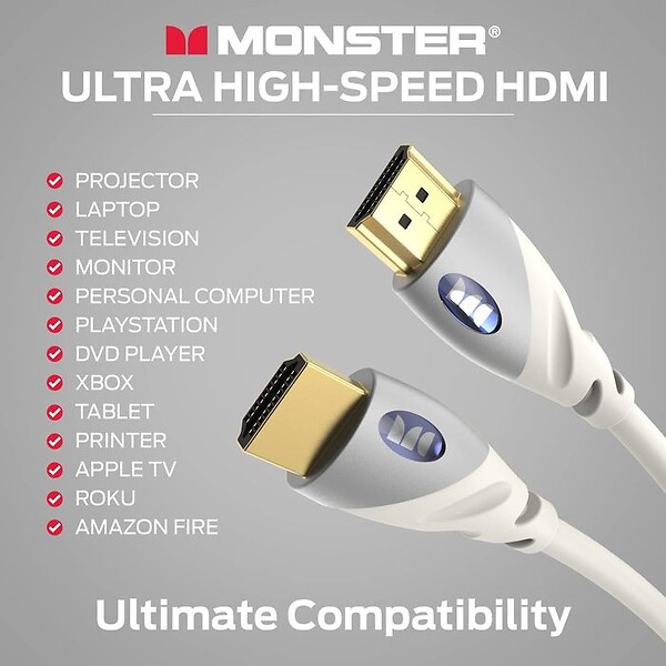 MONSTER - Câble HDMI Monster - Résolution 4K - Vidéo HDR - 18 GBPS - Vitesse Éclair - Connecteurs V-Grip - Triple Blindage - 1,82 Mètres - Garanti à Vie - large