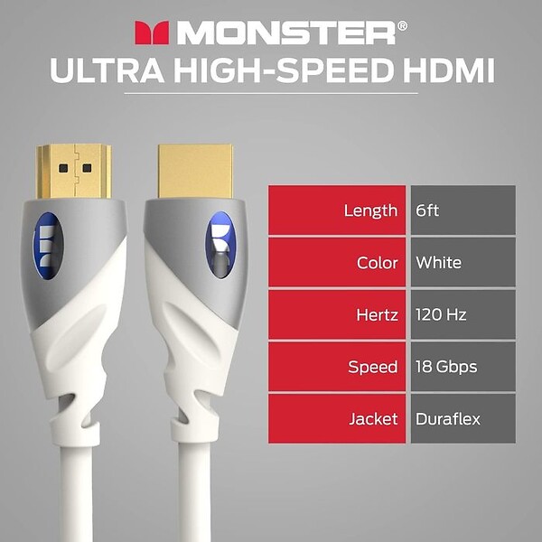 MONSTER - Câble HDMI Monster - Résolution 4K - Vidéo HDR - 18 GBPS - Vitesse Éclair - Connecteurs V-Grip - Triple Blindage - 1,82 Mètres - Garanti à Vie - large
