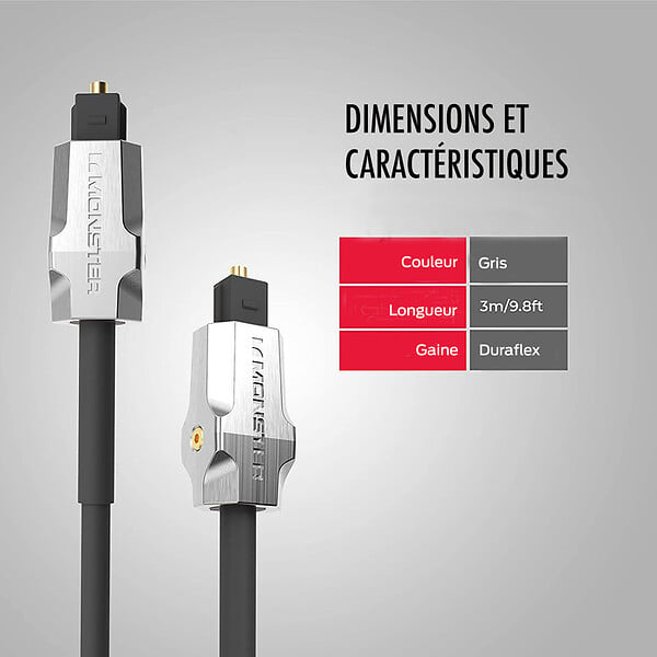 MONSTER - Câble fibre optique 3 m, câble en fibre optique, son surround, câble audio numérique, transmission optimale du signal, câble pour home cinéma - large