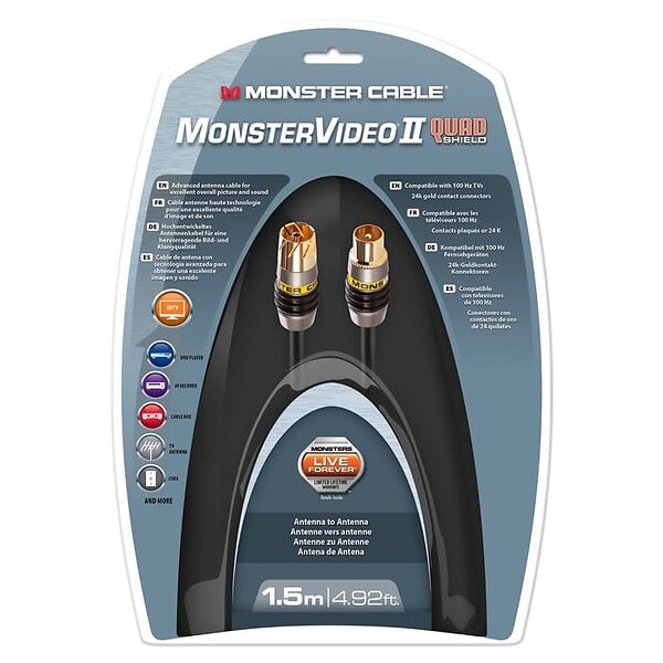 MONSTER - Câble d'Antenne Coaxial Monster 1.5 mètres- pour Téléviseurs 100 Hz - Quadruple Blindage en Feuilles Métalliques et Tresse de Cuivre - Conducteur en Cuivre Multibrin - large