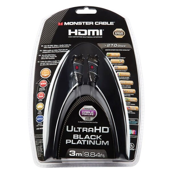 MONSTER - Black Platinum - Câble HDMI - Résolution 4K - pour PC, Home Cinema ou Studio - Vidéo HDR - 27 GBPS - large