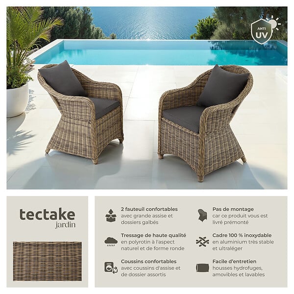 TECTAKE - 2 fauteuils en rotin avec structure en aluminium, coussins d'assise et de dossier inclus marron naturel - large