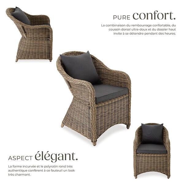 TECTAKE - 2 fauteuils en rotin avec structure en aluminium, coussins d'assise et de dossier inclus marron naturel - large