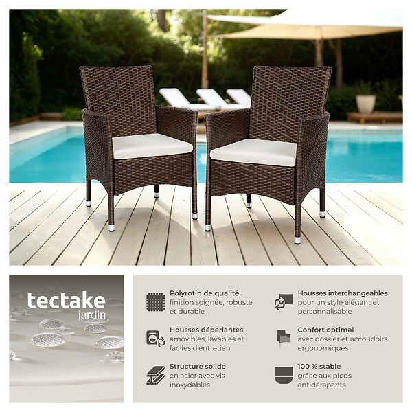TECTAKE - Lot de 2 fauteuils de jardin en rotin avec 2 sets de housses marron/beige - large