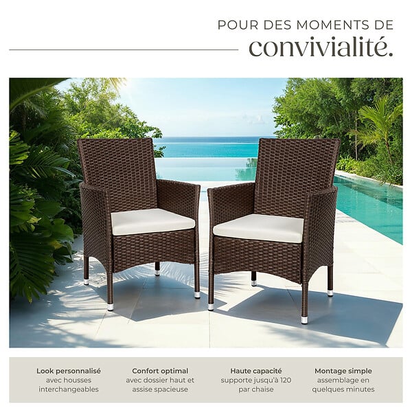 TECTAKE - Lot de 2 fauteuils de jardin en rotin avec 2 sets de housses marron/beige - large