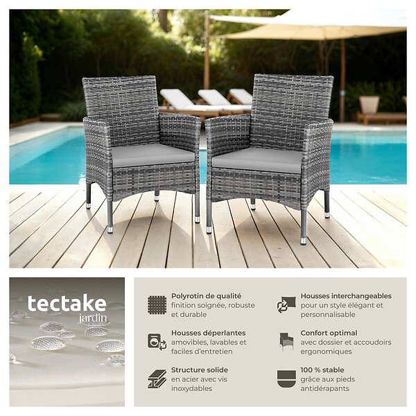 TECTAKE - Lot de 2 fauteuils de jardin en rotin en résine tressée - Gris/Gris clair - large