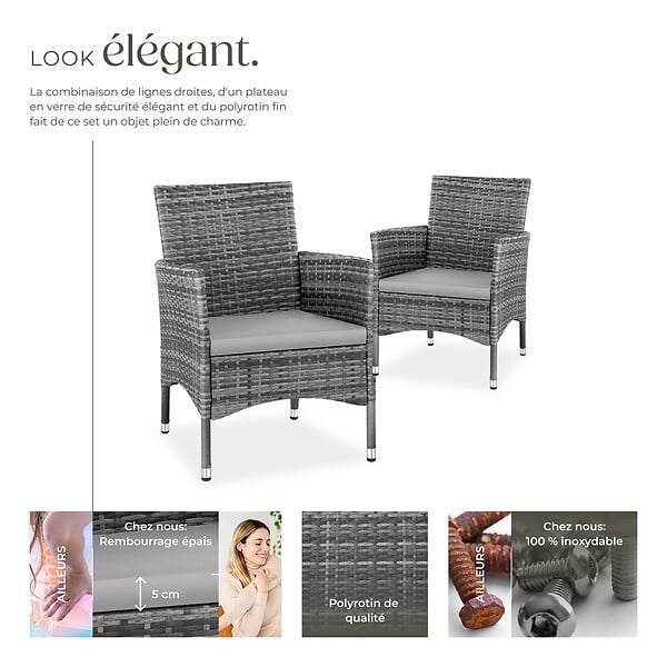 TECTAKE - Lot de 2 fauteuils de jardin en rotin en résine tressée - Gris/Gris clair - large