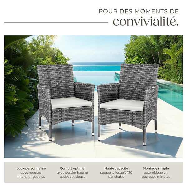 TECTAKE - Lot de 2 fauteuils de jardin en rotin en résine tressée - Gris/Gris clair - large