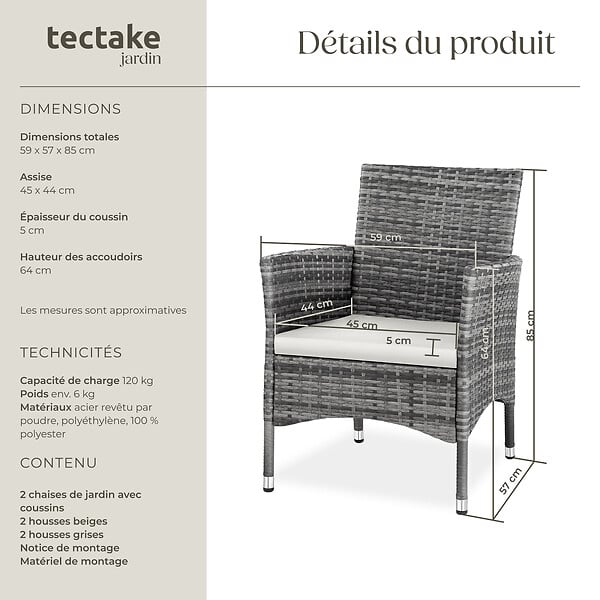 TECTAKE - Lot de 2 fauteuils de jardin en rotin en résine tressée - Gris/Gris clair - large