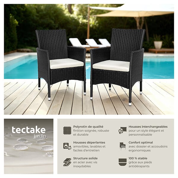 TECTAKE - Lot de 2 fauteuils de jardin en rotin avec 2 sets de housses noir/beige - large