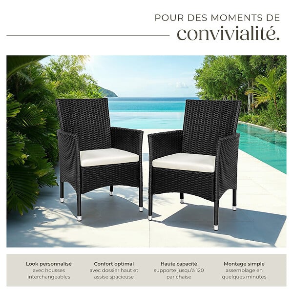 TECTAKE - Lot de 2 fauteuils de jardin en rotin avec 2 sets de housses noir/beige - large